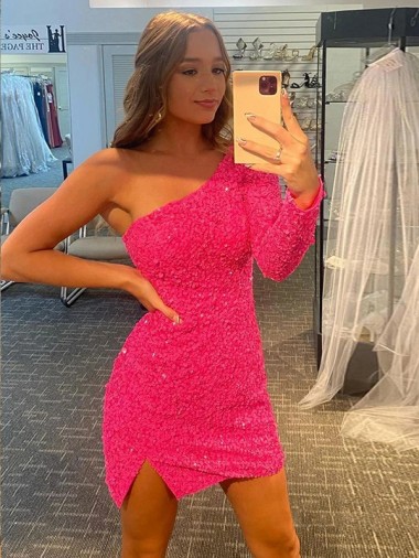 Outlet Short Velvet Sequin One Shoulder Long Sleeves Prom Dress UK
