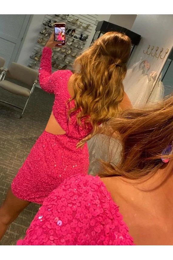 Outlet One Shoulder Long Sleeves Short Velvet Sequin Prom Dress UK