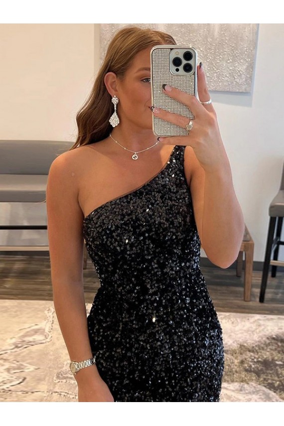 Outlet One Shoulder Sleeveless Short Velvet Sequin Prom Dress UK
