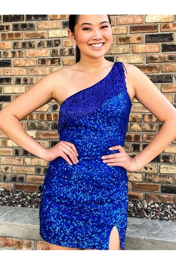 Outlet One Shoulder Sleeveless Short Velvet Sequin Royal Blue Prom Dress UK