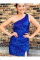 Outlet One Shoulder Sleeveless Short Velvet Sequin Royal Blue Prom Dress UK