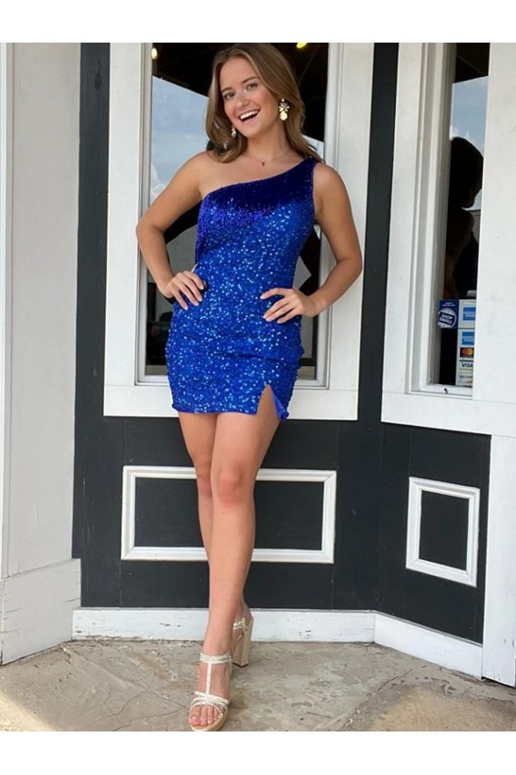 Outlet One Shoulder Sleeveless Short Velvet Sequin Royal Blue Prom Dress UK