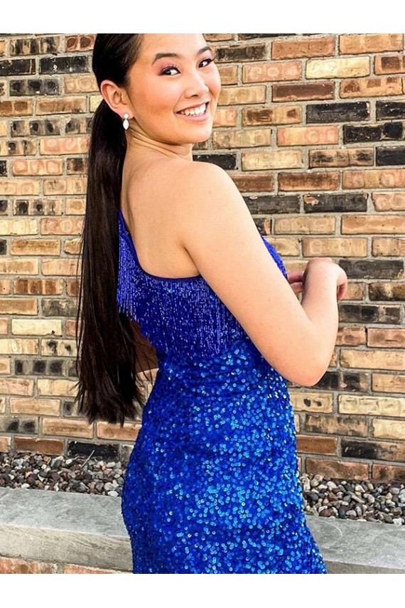 Outlet One Shoulder Sleeveless Short Velvet Sequin Royal Blue Prom Dress UK