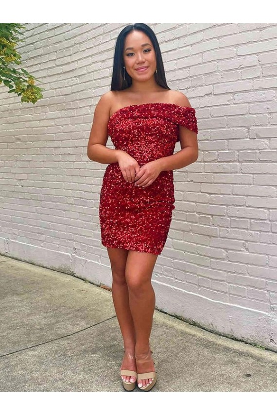 Outlet Short One Shoulder Sleeveless Velvet Sequin Cocktail Prom Dress UK