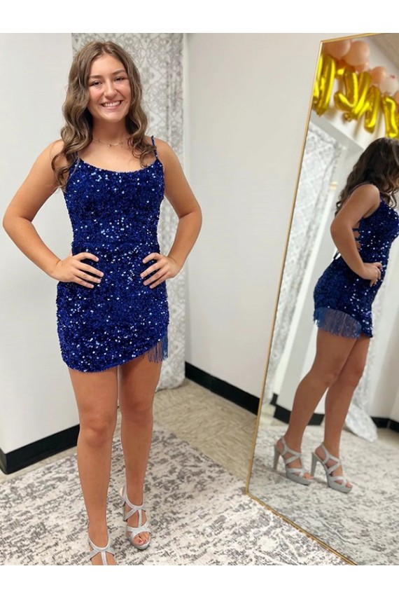 Outlet Spaghetti Straps Backless Sleeveless Short Velvet Sequin Prom Dress UK