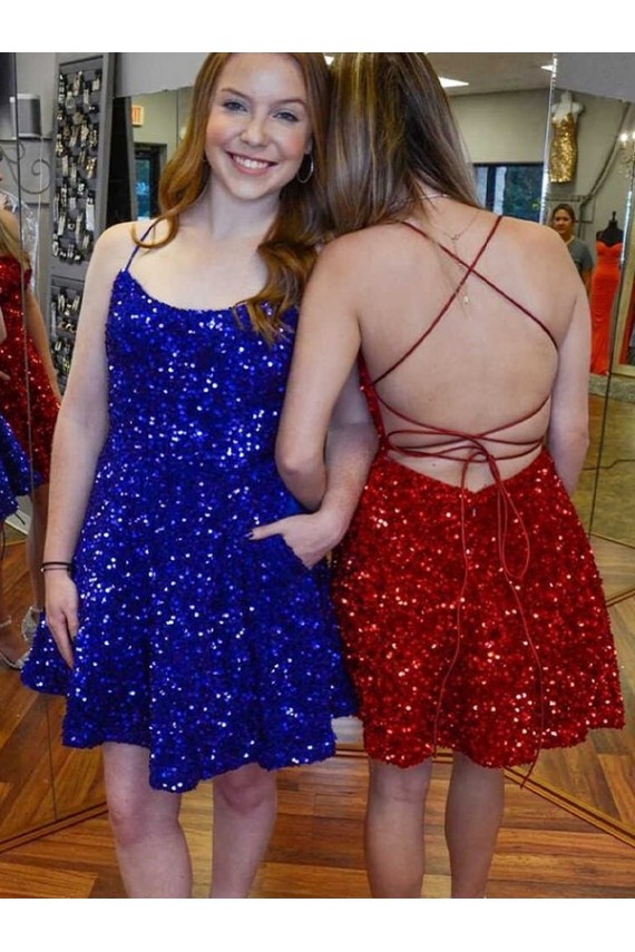 Outlet A-Line Spaghetti Straps Sleeveless Short Velvet Sequin Prom Dress UK