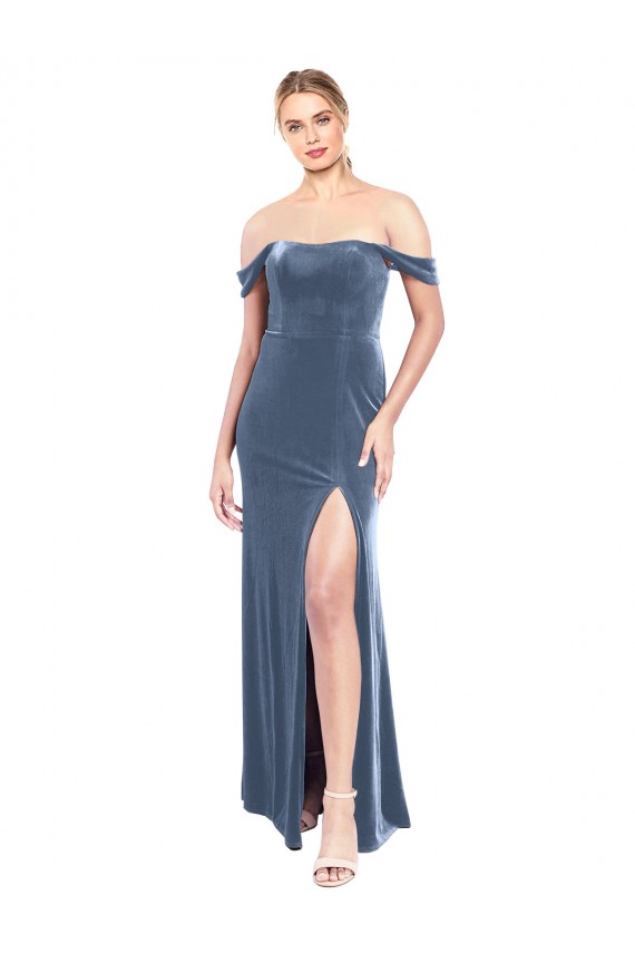 Outlet Draped Sleeves Wide Scoop Neck Off the Shoulder Velvet Prom Dress UK