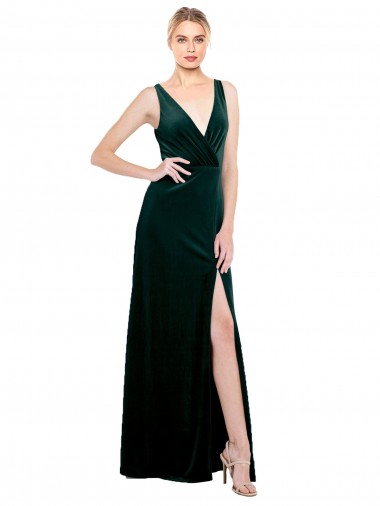 Outlet Sleek V-Neck Long Velvet Prom Dress with Side Slit UK