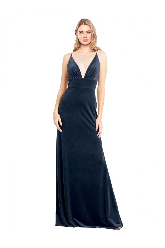 Outlet V-Back Long Velvet Prom Dress with Notched V-Neck and Spaghetti Straps UK