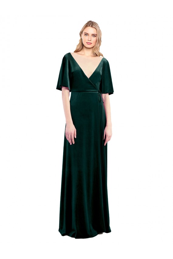 Outlet Deep V-Neck Flutter Sleeves Long Velvet Wrap Prom Dress UK