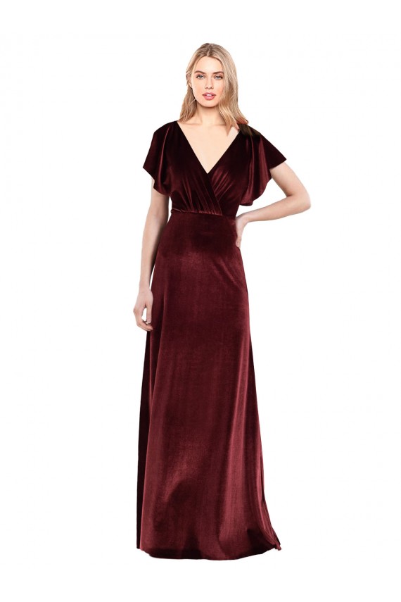 Outlet Flutter Sleeves Open Back Long Velvet Prom Dress UK