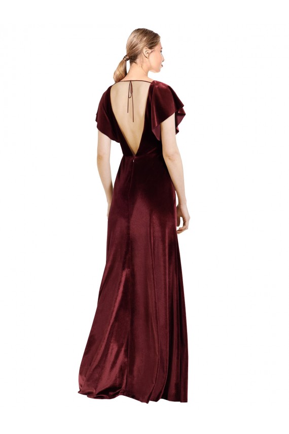 Outlet Flutter Sleeves Open Back Long Velvet Prom Dress UK