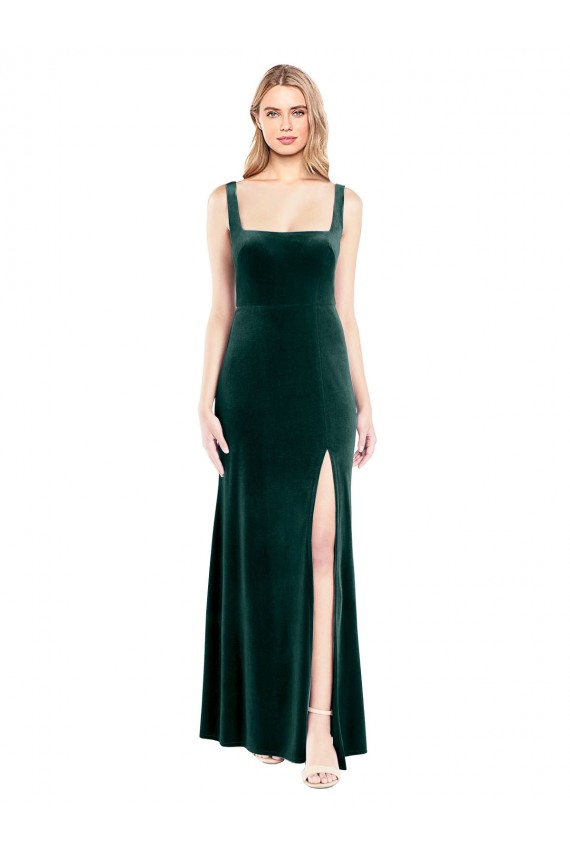 Outlet Square Neck Full Length Velvet Prom Dress with Side Slit UK