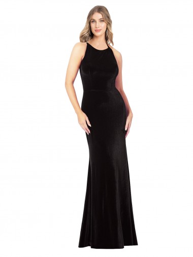 Outlet Vintage Velvet High Neck Prom Dress with Strappy Back UK