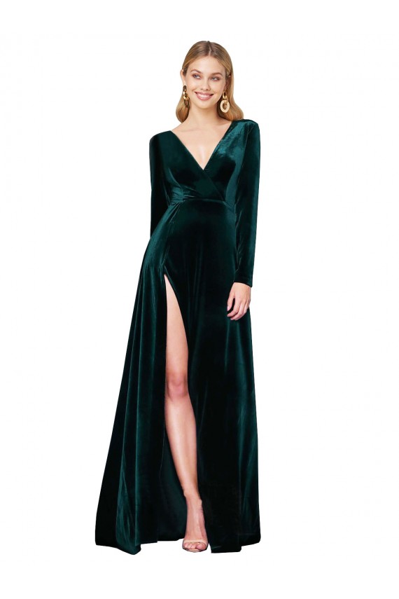 Outlet Deep V-Neck Long Sleeves Velvet Prom Dress with High Side Split UK