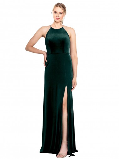 Outlet Long Jewel Neck Full Length Velvet Prom Dress with Side Slit UK
