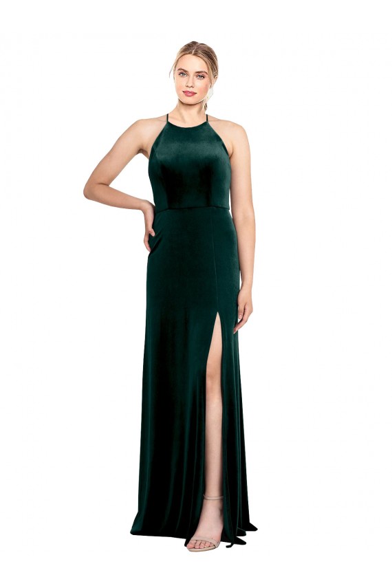 Outlet Long Jewel Neck Full Length Velvet Prom Dress with Side Slit UK