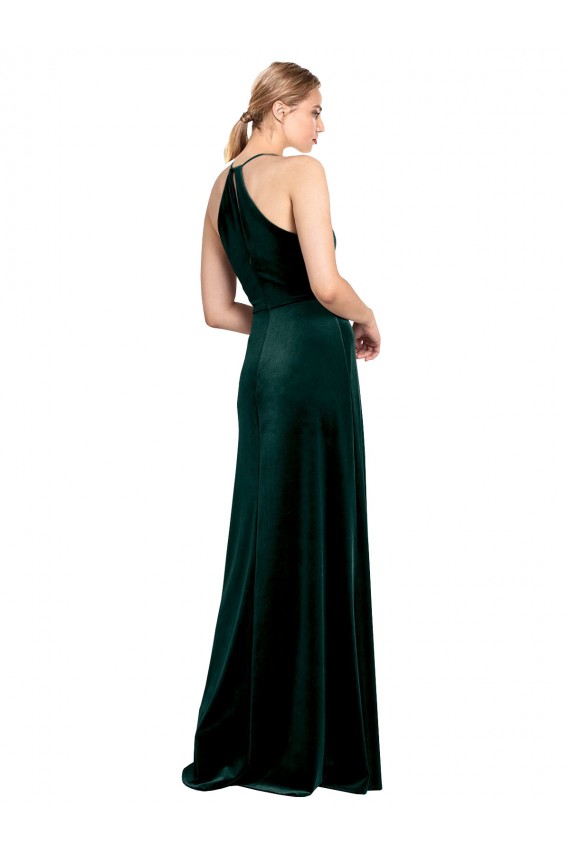 Outlet Long Jewel Neck Full Length Velvet Prom Dress with Side Slit UK