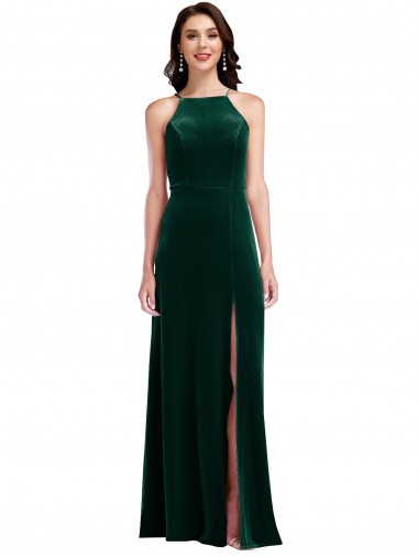 Outlet Velvet Halter Maxi Prom Dress with Front Slit & Pockets UK