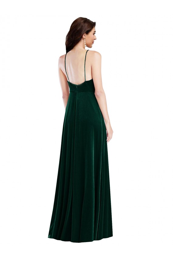 Outlet Velvet Halter Maxi Prom Dress with Front Slit & Pockets UK