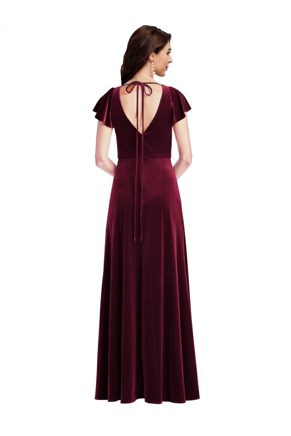 Outlet Flutter Sleeve Velvet Maxi Prom Dress with Pockets UK