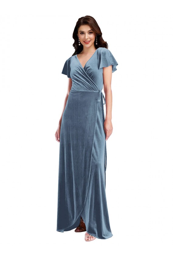 Outlet Flutter Sleeve Velvet Wrap Maxi Prom Dress with Pockets UK