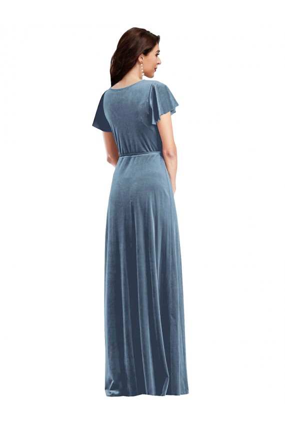 Outlet Flutter Sleeve Velvet Wrap Maxi Prom Dress with Pockets UK