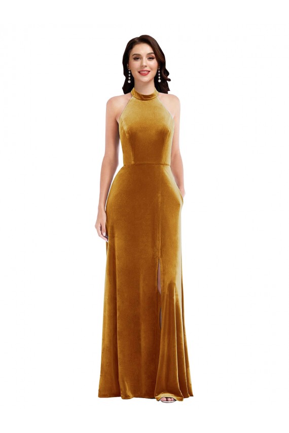 Outlet High-Neck Halter Velvet Maxi Prom Dress with Front Slit UK