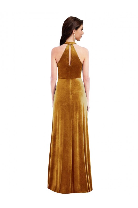 Outlet High-Neck Halter Velvet Maxi Prom Dress with Front Slit UK