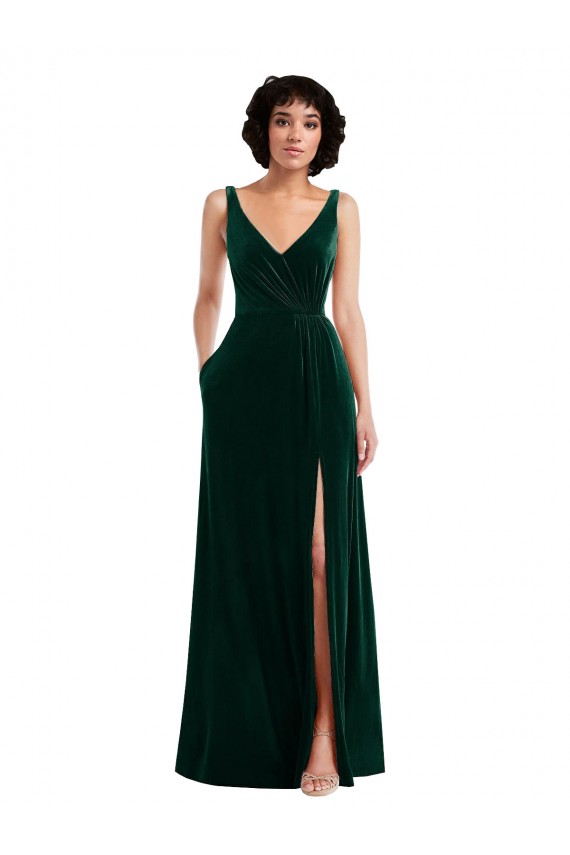 Outlet Floor Length Velvet Maxi Prom Dress with Shirred Bodice and Front Slit UK