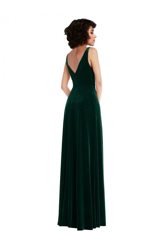 Outlet Floor Length Velvet Maxi Prom Dress with Shirred Bodice and Front Slit UK