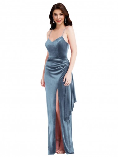 Outlet Spaghetti Strap Velvet Maxi Prom Dress with Draped Skirt UK