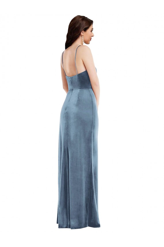 Outlet Spaghetti Strap Velvet Maxi Prom Dress with Draped Skirt UK