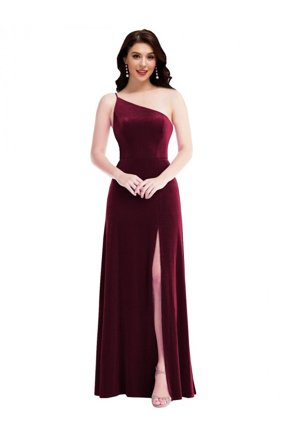 Outlet One Shoulder Spaghetti Strap Velvet Maxi Prom Dress with Pockets UK