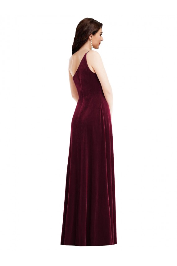 Outlet One Shoulder Spaghetti Strap Velvet Maxi Prom Dress with Pockets UK