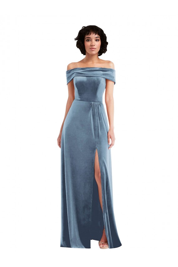 Outlet Draped Cuff Off the Shoulder Velvet Maxi Prom Dress with Pockets UK