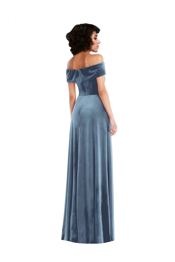 Outlet Draped Cuff Off the Shoulder Velvet Maxi Prom Dress with Pockets UK