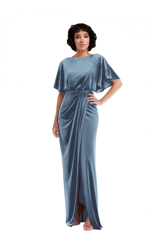 Outlet Flutter Sleeve Open Back Velvet Maxi Prom Dress with Pockets & Draped Wrap Skirt UK
