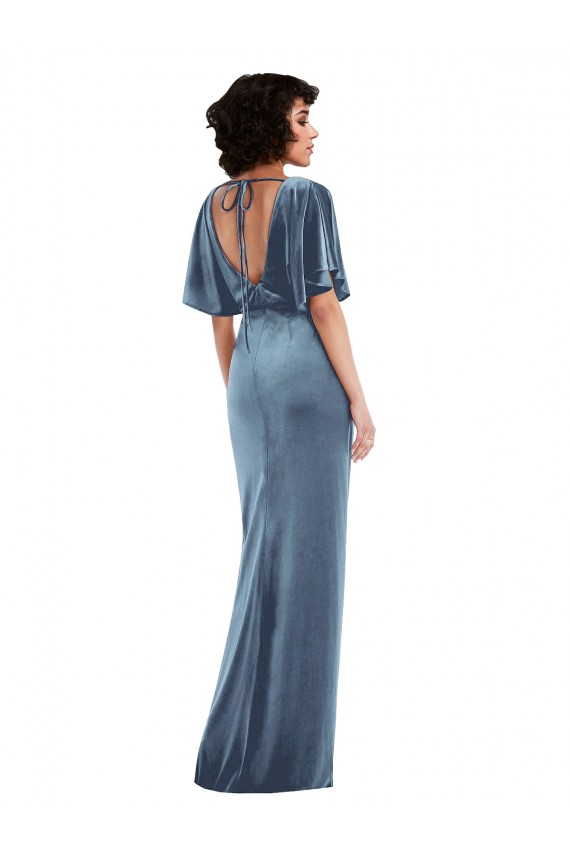 Outlet Flutter Sleeve Open Back Velvet Maxi Prom Dress with Pockets & Draped Wrap Skirt UK