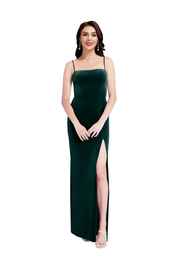 Outlet Straight Neckline Spaghetti Straps Long Velvet Prom Dress with High Side Slit UK
