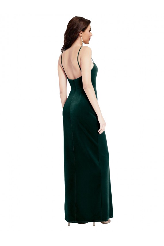 Outlet Straight Neckline Spaghetti Straps Long Velvet Prom Dress with High Side Slit UK
