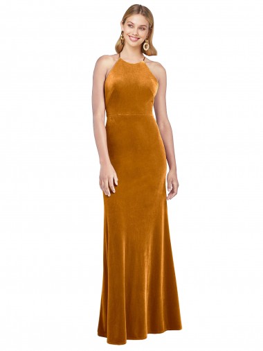Outlet Halter Neckline Long Full Length Velvet Prom Dress with Strappy Back UK