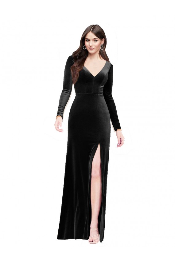 Outlet Long Sleeves Velvet Prom Dress with V-Neckline and Thigh Slit UK