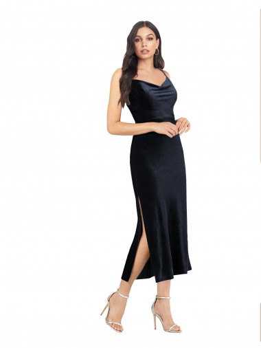 Outlet Midi Length Velvet Cocktail Prom Dress / Homecoming Dress with Cowl Neck and Spaghetti Straps UK