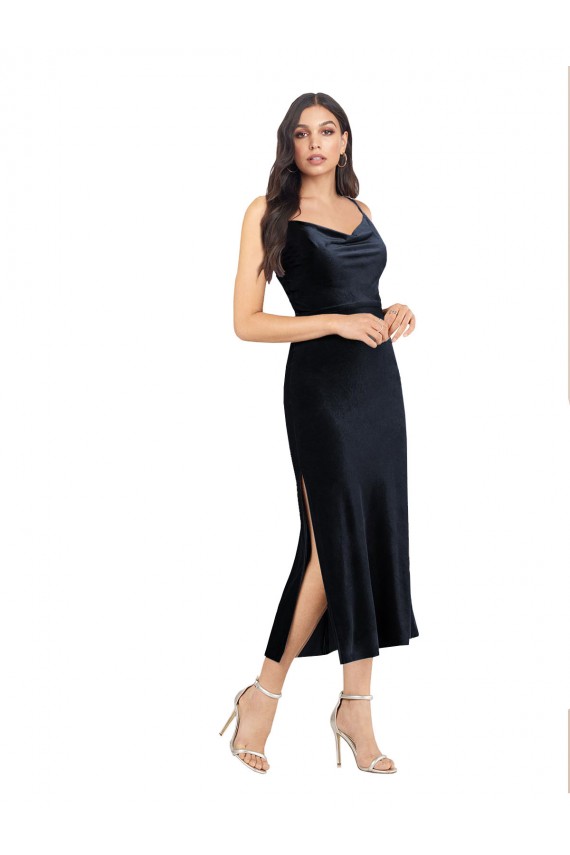 Outlet Midi Length Velvet Cocktail Prom Dress / Homecoming Dress with Cowl Neck and Spaghetti Straps UK