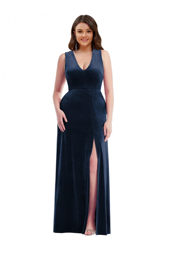 Outlet Deep V-Neck Sleeveless Velvet Maxi Prom Dress with Pockets UK