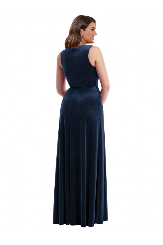 Outlet Deep V-Neck Sleeveless Velvet Maxi Prom Dress with Pockets UK