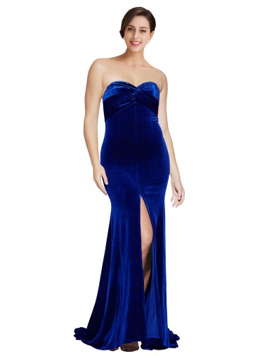 Outlet Strapless Ruched Velvet Prom Dress with Sweep Train and Front Slit UK