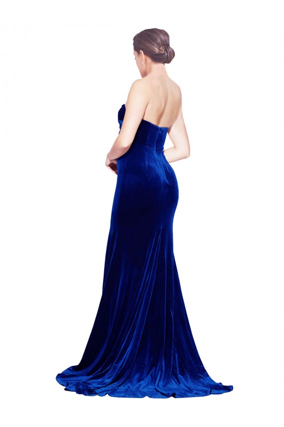 Outlet Strapless Ruched Velvet Prom Dress with Sweep Train and Front Slit UK