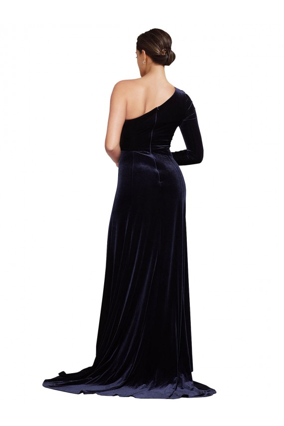 Outlet One Sleeve Long Velvet Prom Dress with Thigh High Split UK